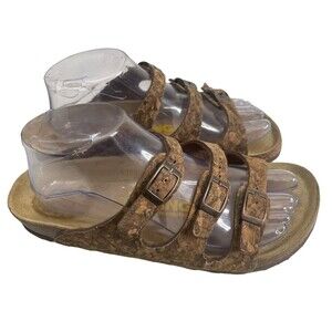 Cork-Effect Triple Buckle Sandals - Brown
